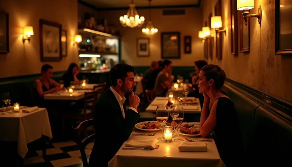 Intérieur chaleureux d'un bistro bistrot est petit, avec une vingtaine de couverts éclairés à la bougie et deux convives attablés autour d'un verre de vin rouge