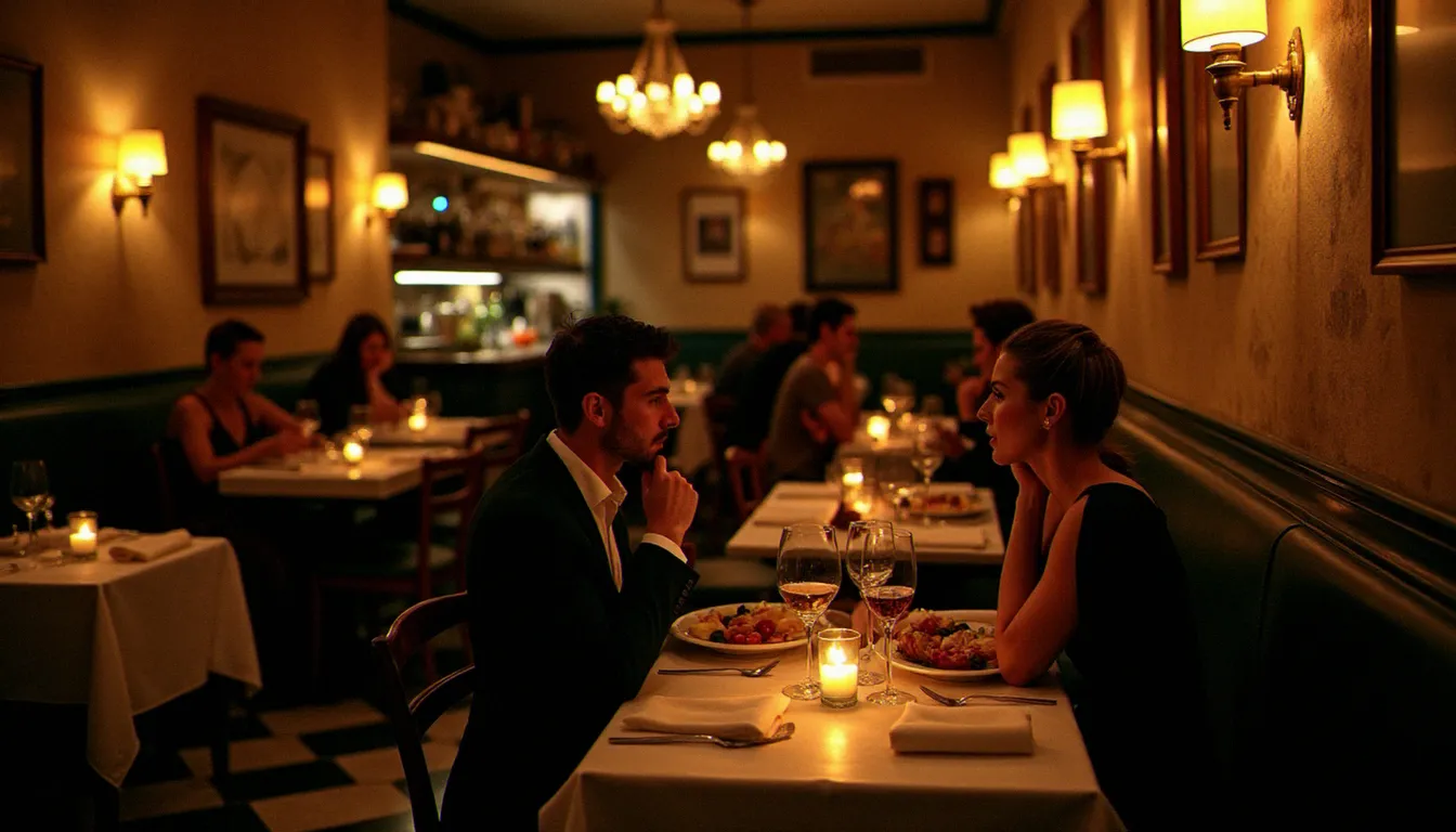 Intérieur chaleureux d'un bistro bistrot est petit, avec une vingtaine de couverts éclairés à la bougie et deux convives attablés autour d'un verre de vin rouge