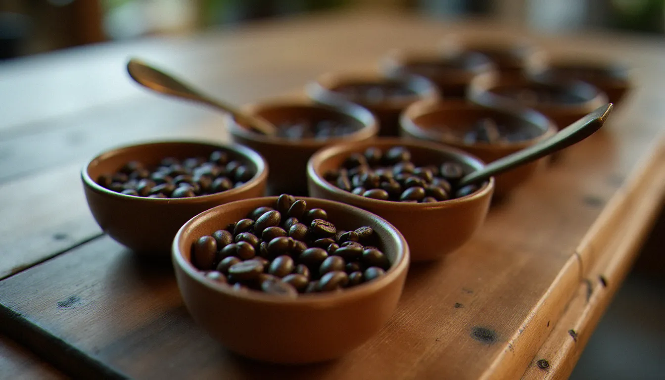 Session de cupping professionnel avec plusieurs coupelles de café d'origines différentes disposées sur une table en bois pour comparer les profils aromatiques
