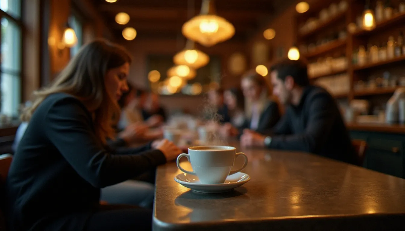 Service d'un espresso dans la salle d'un bistrot français au cadre chaleureux, illustrant l'importance du café en fin de repas pour la fidélisation client