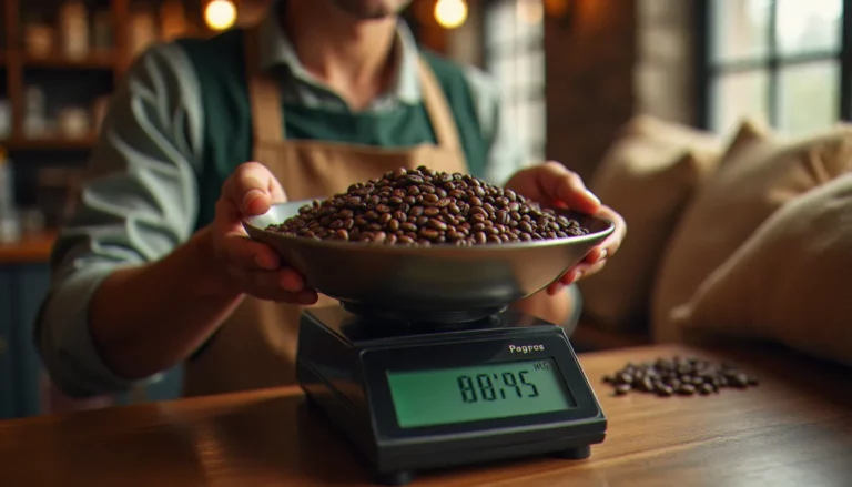 Un barista professionnel pesant des grains de café torréfiés au kilo sur une balance de précision dans un bistrot français traditionnel