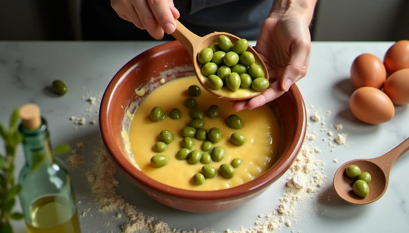 Mains incorporant des olives vertes dénoyautées dans la pâte à cake aux olives dans un bol en terre cuite, sur un plan de travail en marbre légèrement fariné