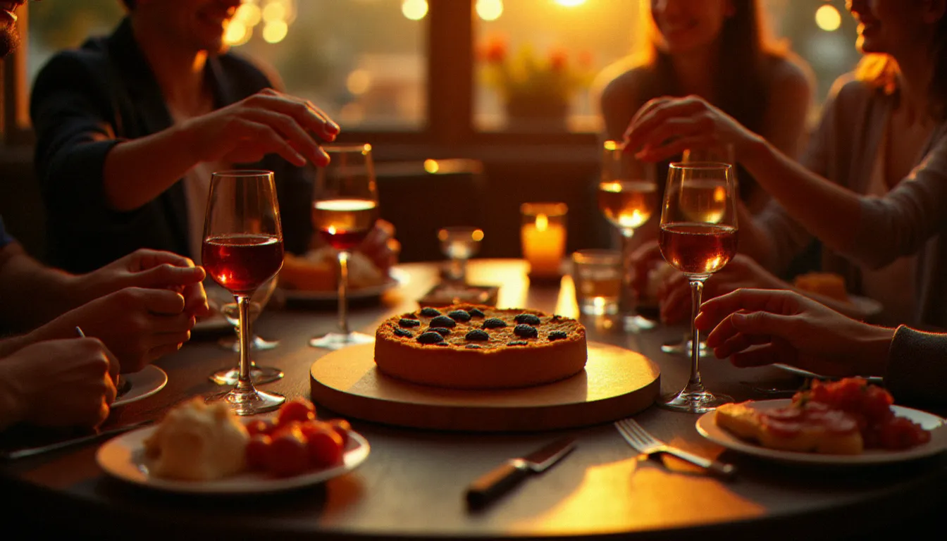 Scène d'apéritoire convivial dans un bistrot chaleureux, cake aux olives tranché partagé entre amis autour d'une table avec verres de vin et plateau de charcuterie