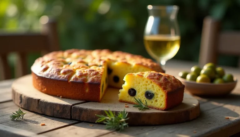 Cake aux olives entier et tranché posé sur une table en bois de bistrot, croûte dorée et mie moelleuse parsemée d'olives vertes, avec un verre de vin blanc et du thym frais