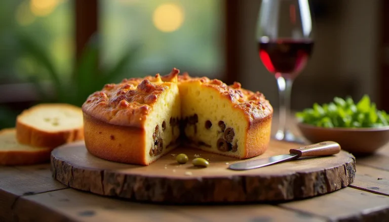 Cake salé doré aux lardons et olives tranché sur une planche en bois rustique dans l'ambiance chaleureuse d'un bistrot lillois