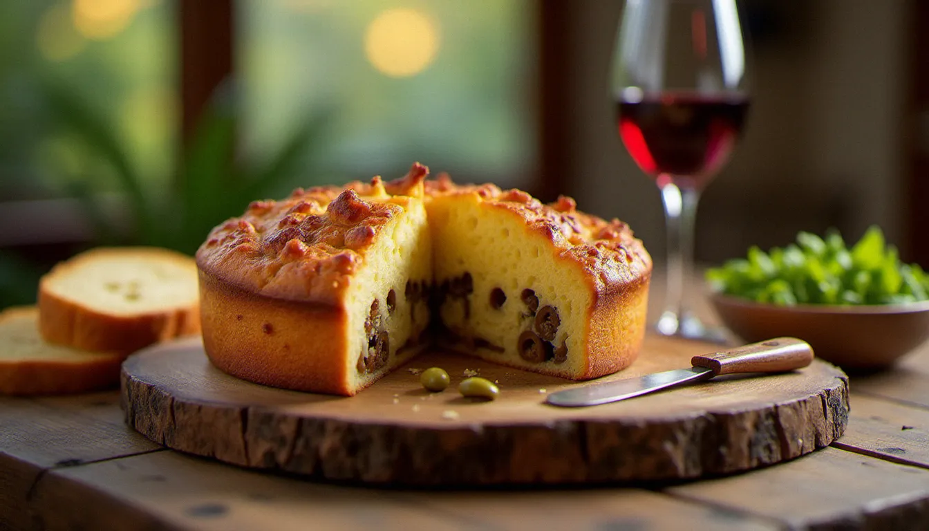 Cake salé doré aux lardons et olives tranché sur une planche en bois rustique dans l'ambiance chaleureuse d'un bistrot lillois