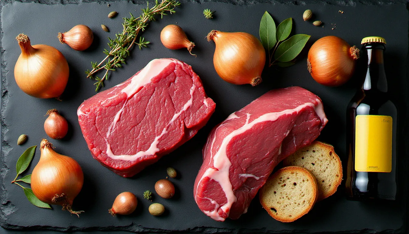 Ingrédients bruts de la carbonnade flamande disposés sur une ardoise : viande de bœuf, bière brune, oignons, pain d'épices et moutarde