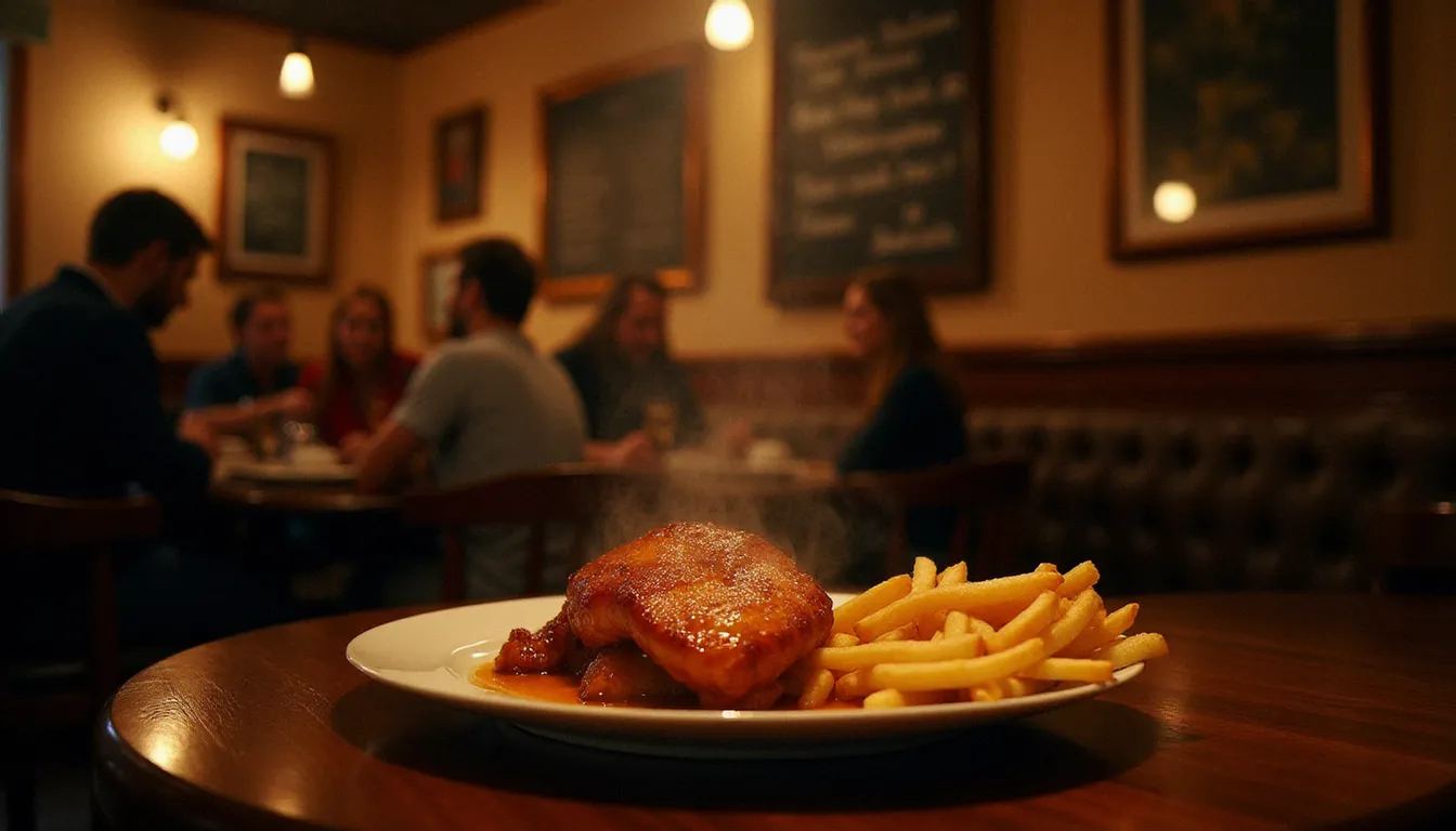 Assiette de carbonnade flamande accompagnée de frites maison servie dans une salle de bistrot nordiste chaleureuse
