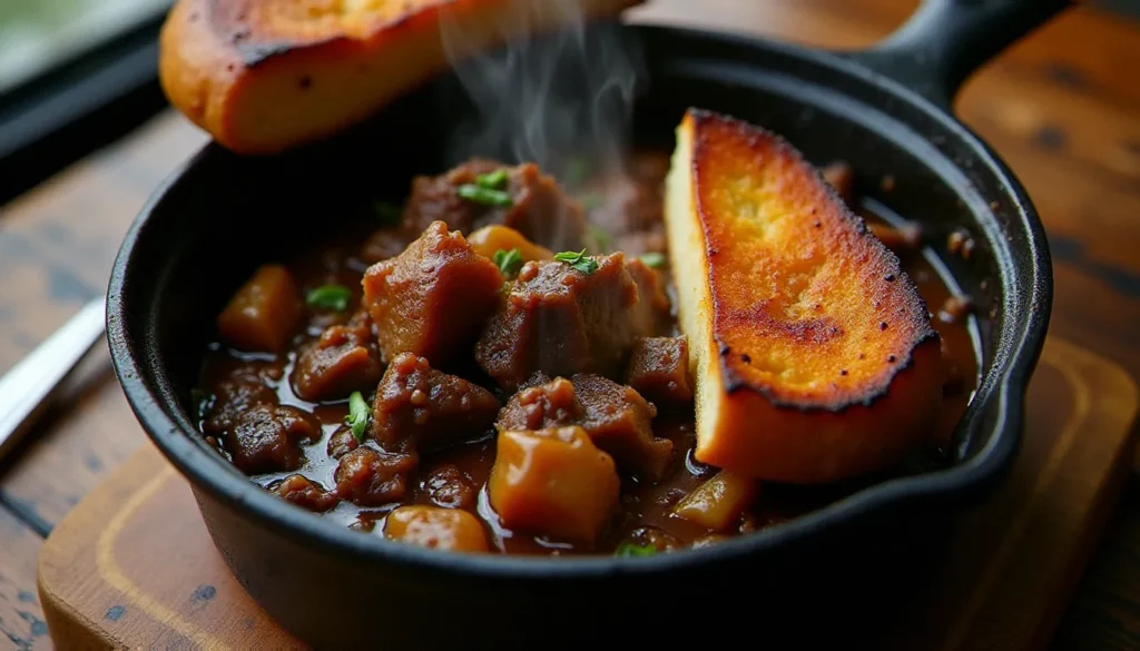 Cocotte en fonte de carbonnade flamande avec sa sauce brune caramélisée et ses oignons confits, servie dans un bistrot du Nord