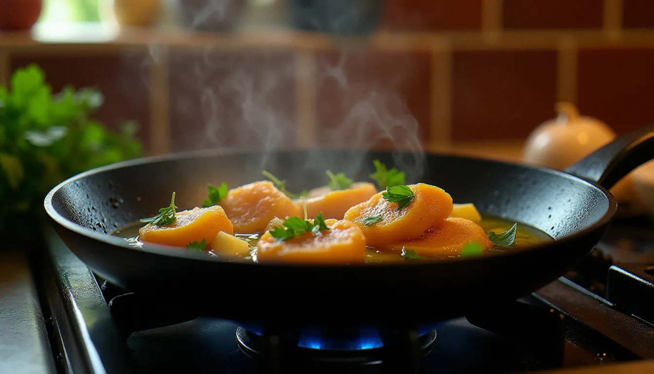 Chipirons entiers en train de cuire à la plancha dans une poêle en fonte avec ail doré et persil frais, vapeur s'élevant dans une cuisine de restaurant rustique