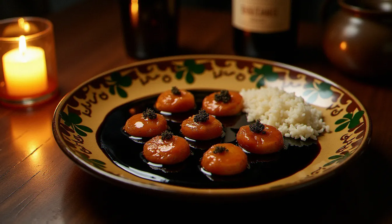 Assiette de chipirons à l'encre noire brillante servie sur riz blanc dans une céramique basque peinte à la main, lumière de bougie sur table en bois sombre