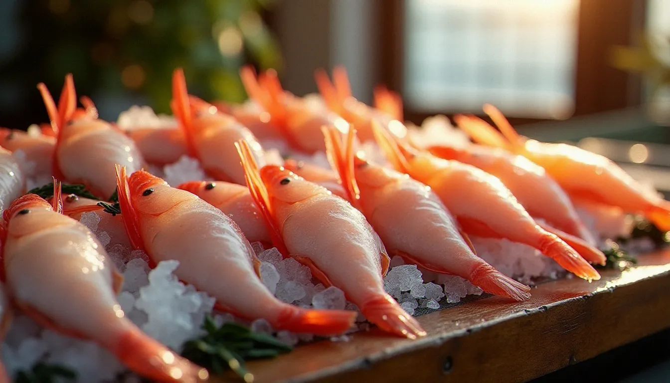 Chipirons frais entiers disposés sur un étal de marché aux poissons avec glace pilée et algues marines, peau nacrée et irisée sous la lumière du matin