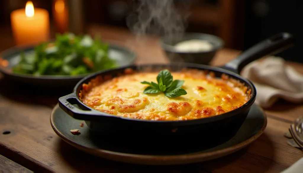 Croziflette recette gratinée dans un plat en fonte ovale, reblochon fondu et doré bouillonnant, posée sur une table de bistrot en bois à la lumière des bougies