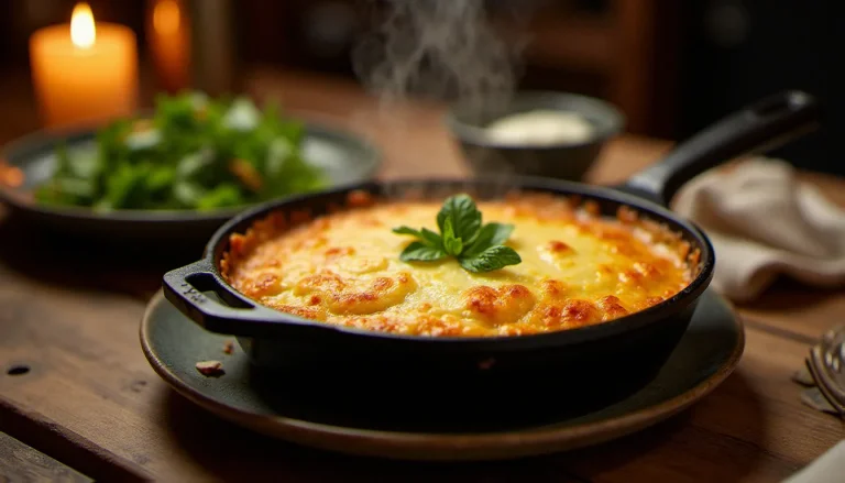 Croziflette recette gratinée dans un plat en fonte ovale, reblochon fondu et doré bouillonnant, posée sur une table de bistrot en bois à la lumière des bougies