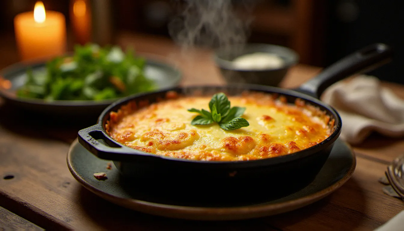 Croziflette recette gratinée dans un plat en fonte ovale, reblochon fondu et doré bouillonnant, posée sur une table de bistrot en bois à la lumière des bougies