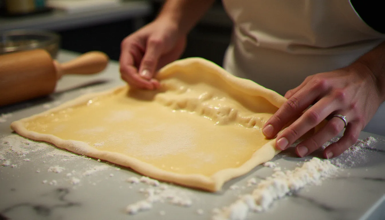 Préparation artisanale de la pâte à flammekueche étalée très finement sur un plan de travail fariné dans une cuisine professionnelle de bistrot