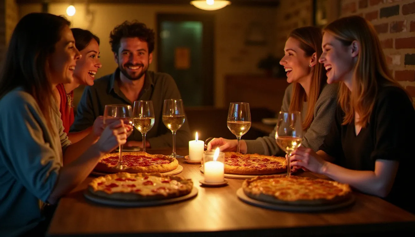 Groupe d'amis partageant plusieurs flammekuecheS sur des planches en bois dans l'atmosphère chaleureuse et tamisée d'un bistrot alsacien, verres de vin blanc à la main