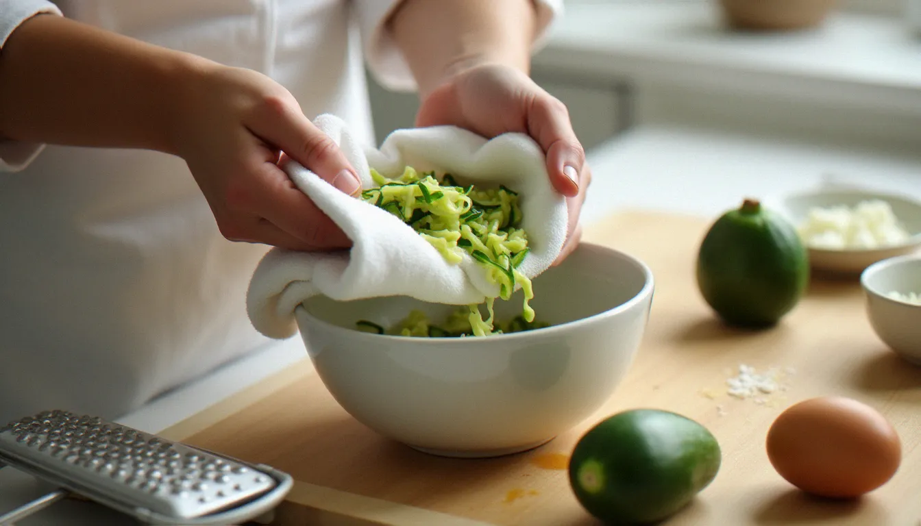 Préparation du flan de courgette : essorage des courgettes râpées dans un torchon blanc pour éliminer l'excès d'eau avant de les incorporer à l'appareil crémeux aux œufs