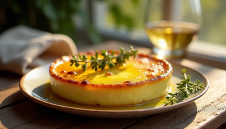 Flan de courgette doré et fondant démoulé sur une assiette en céramique rustique, garni de thym frais et d'un filet d'huile d'olive, photographié sur une table de bistrot en bois patiné