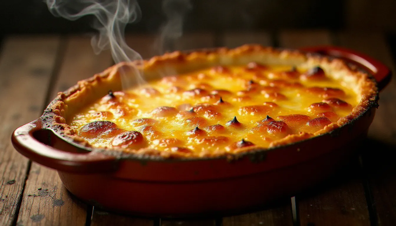 Gratin dauphinois recette authentique servi dans un plat en céramique rustique, gratiné à la perfection et posé sur une table de bistrot en bois patiné