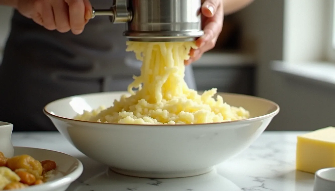 Préparation de la purée de pommes de terre au presse-purée avec beurre et crème pour la recette de hachis parmentier maison