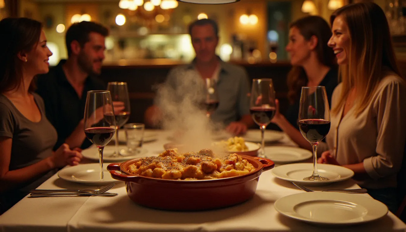 Tablée conviviale dans un bistrot français le soir avec un grand plat de hachis parmentier fumant au centre, verres de vin rouge et ambiance chaleureuse