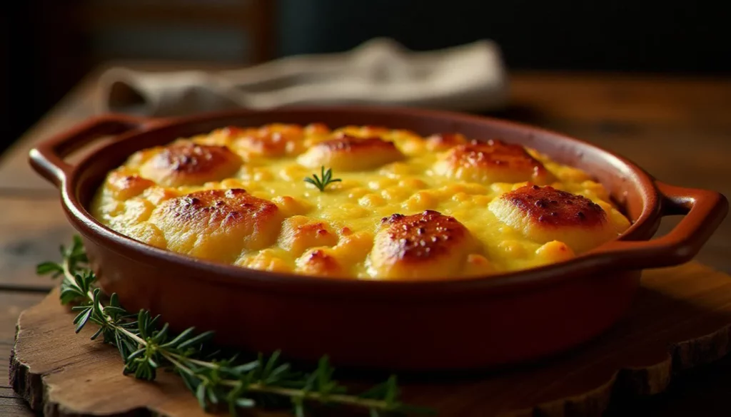 Hachis parmentier recette maison dans un plat en terre cuite avec croûte dorée et marques de fourchette, servi sur une table de bistrot en bois