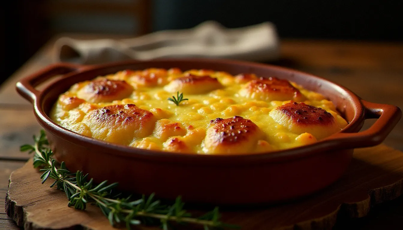 Hachis parmentier recette maison dans un plat en terre cuite avec croûte dorée et marques de fourchette, servi sur une table de bistrot en bois