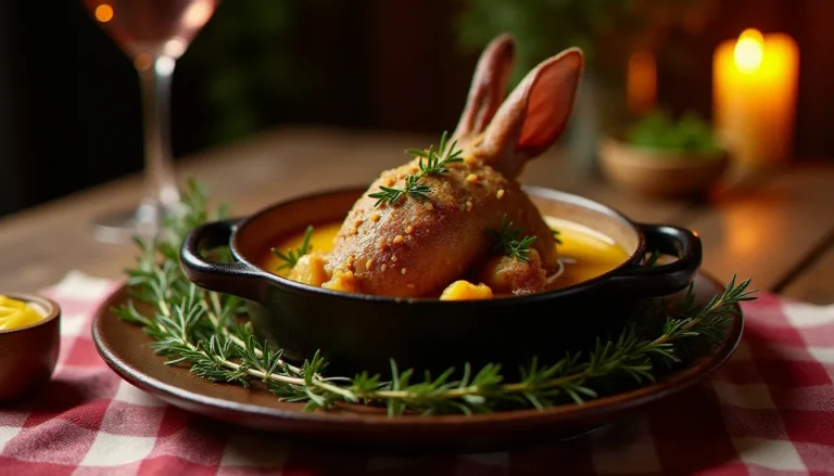 Lapin en cocotte fonte avec sauce à la moutarde crémeuse sur une table de bistrot français avec herbes fraîches et lumière tamisée