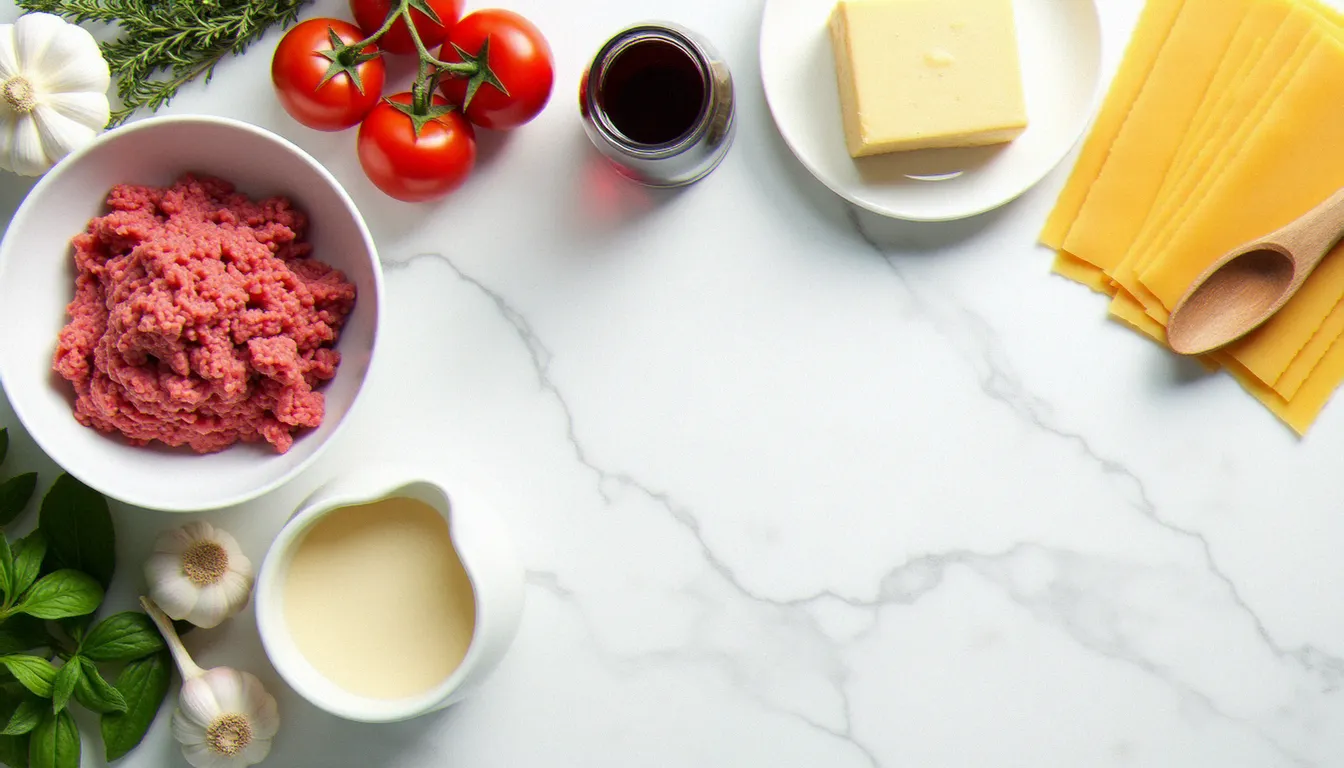 Vue de dessus des ingrédients pour une lasagne maison disposés sur un plan de travail en marbre blanc : viande hachée, tomates, parmesan, feuilles de lasagne sèches et béchamel dans un pichet