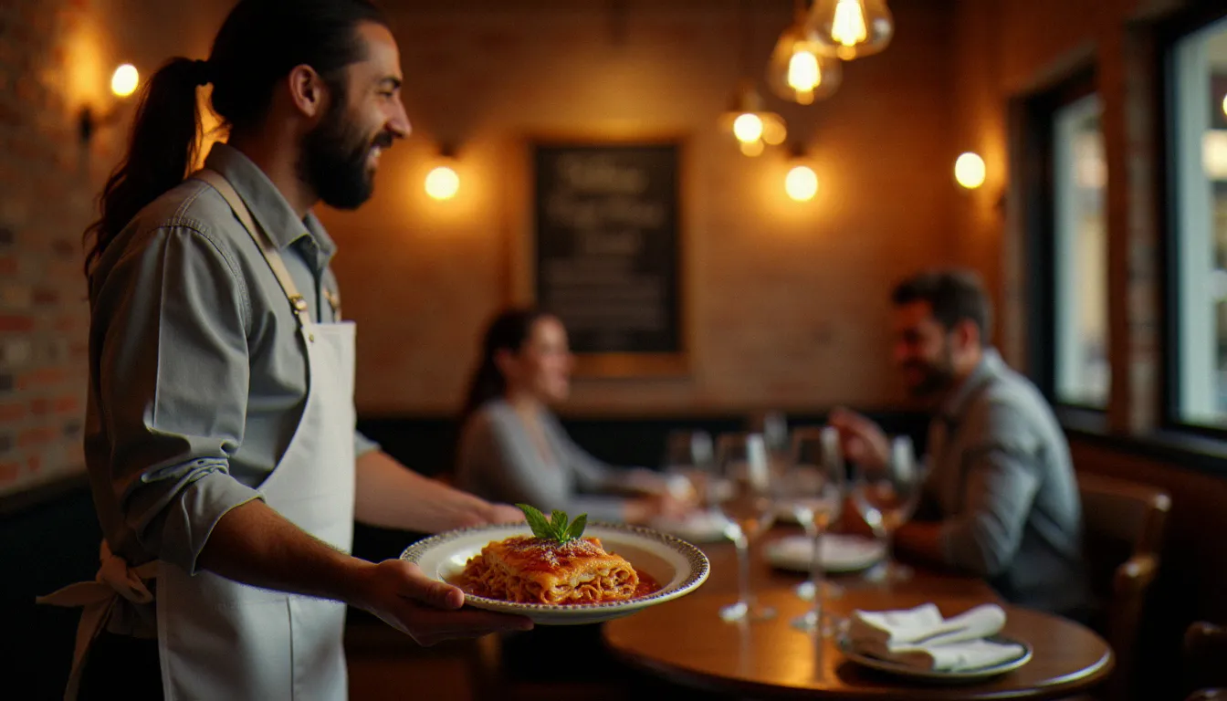 Serveur en tablier blanc apportant une portion de lasagne maison fumante dans un bistrot lillois chaleureux, murs en briques apparentes et ardoise de menu en arrière-plan