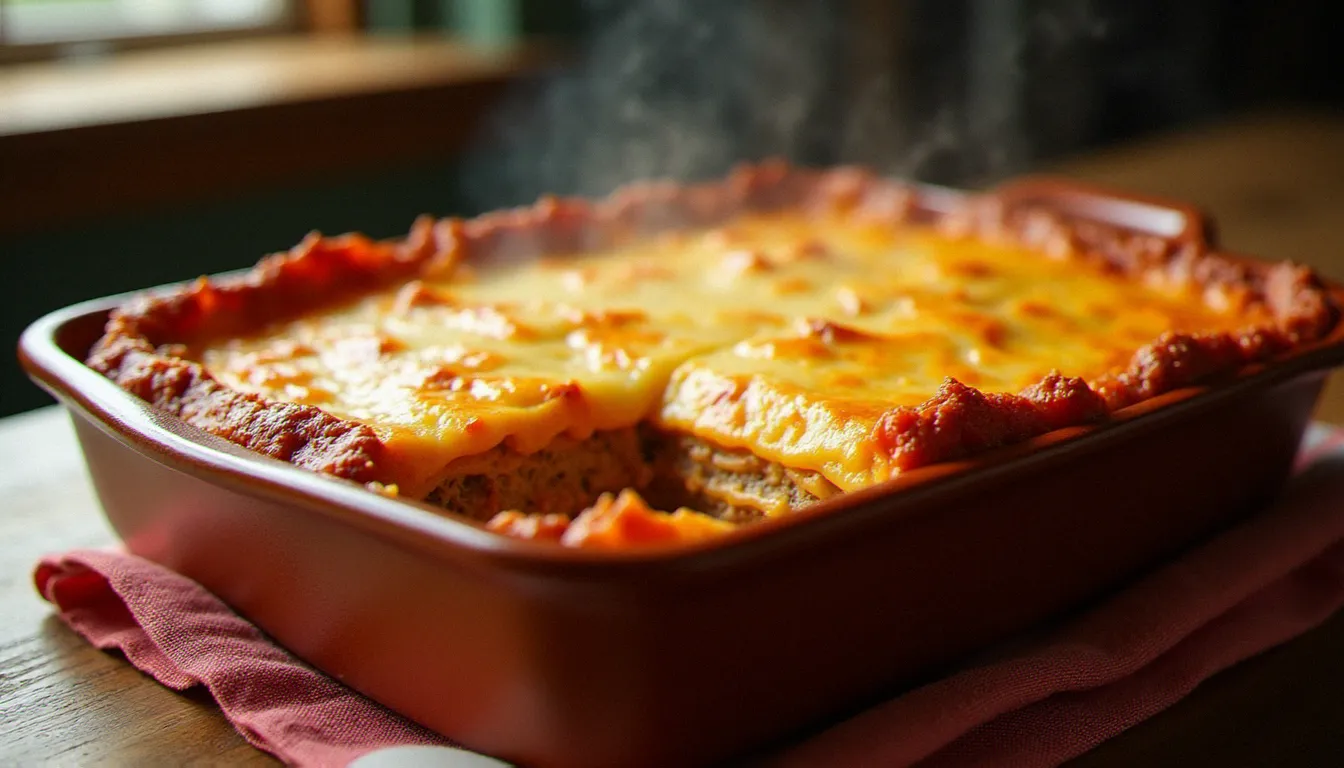 Lasagne maison sortie du four dans un plat en terre cuite rustique, posée sur une table en bois avec un torchon à carreaux, couches de bolognaise et béchamel visibles sur le côté, gratin de parmesan doré et croustillant