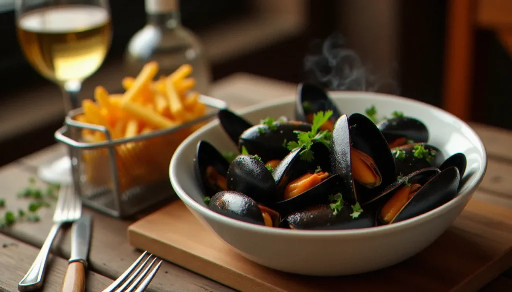 Grande assiette de moules marinières fumantes aux coquilles noires ouvertes sur une table de bistrot en bois, accompagnées de frites dorées et d'un verre de vin blanc