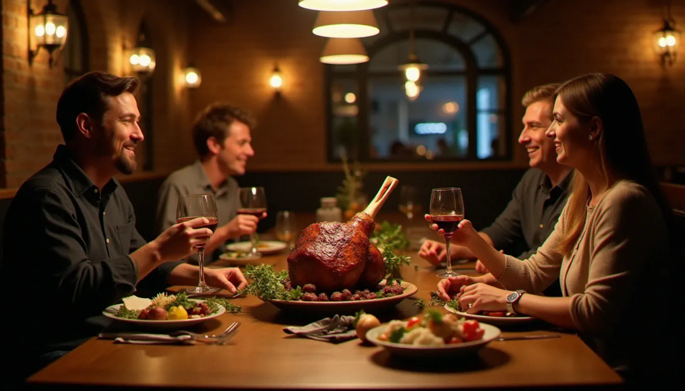Tablée animée dans un bistrot français autour d'un gigot de mouton rôti entier, dans une salle conviviale aux murs en briques apparentes et à l'éclairage chaleureux