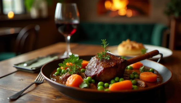 Un navarin de mouton mijoté dans une cocotte en cuivre sur une table de bistrot rustique, entouré de légumes printaniers et d'herbes fraîches à la lumière des bougies