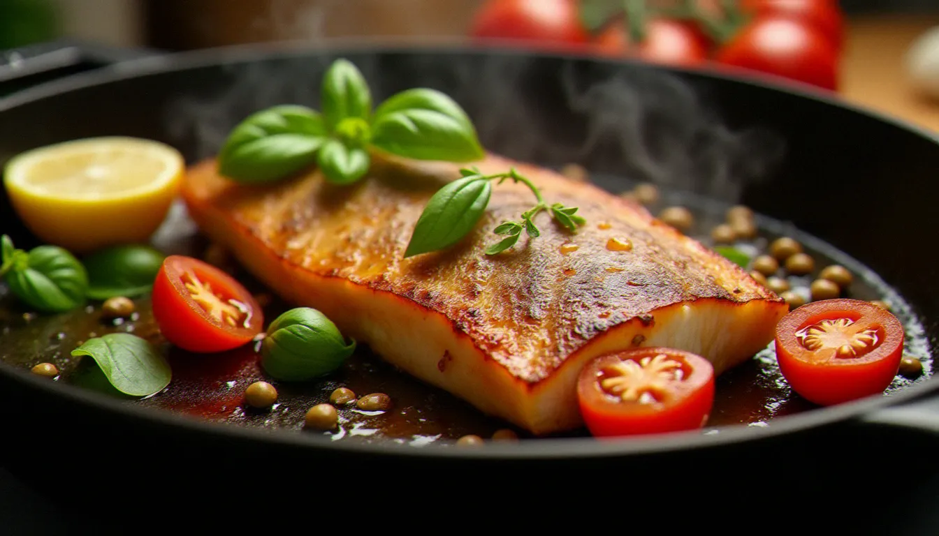 Un filet de mulet avec une peau bien dorée en train de cuire sur une plancha en fonte chaude, accompagné de tomates cerises, câpres et basilic frais