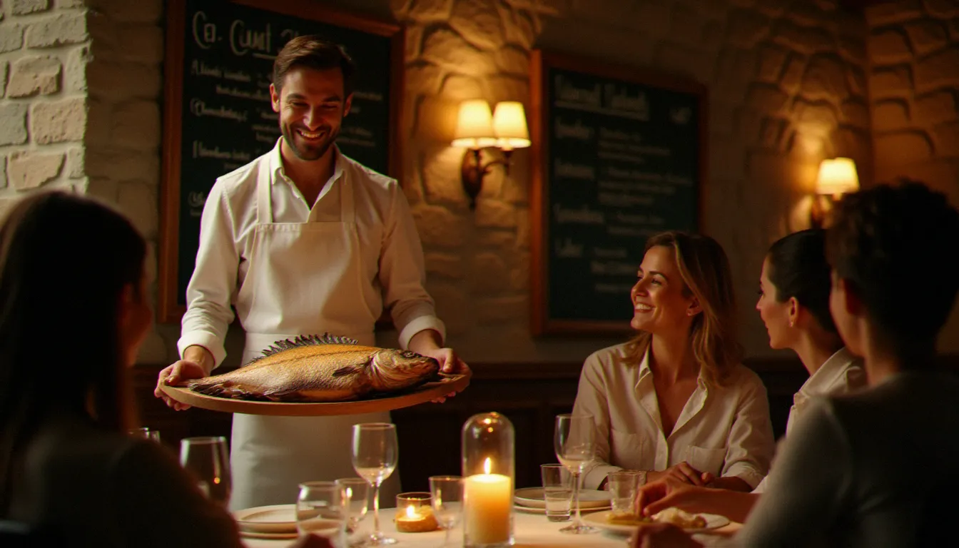 Salle d'un bistrot français chaleureux au service du déjeuner, avec un serveur portant un poisson entier grillé vers une table de convives sous une lumière dorée et tamisée
