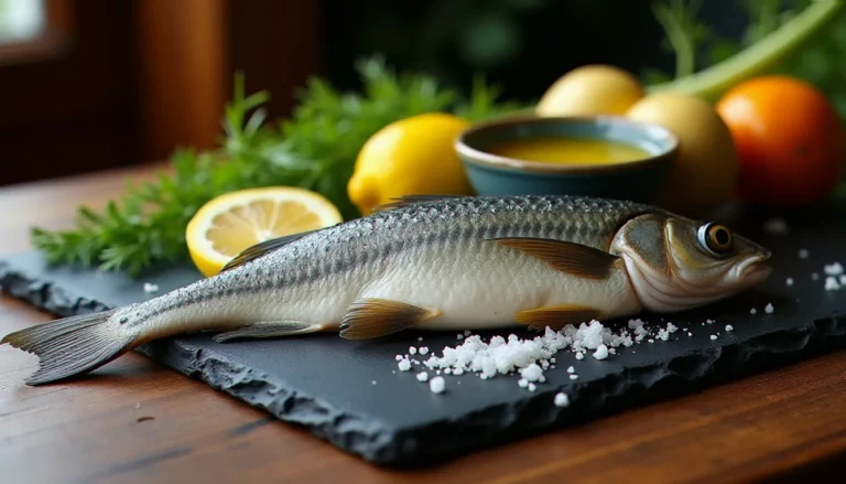 Un mulet entier frais disposé sur une ardoise sombre entourée de sel de mer, de fenouil frais et de tranches de citron dans une ambiance de cuisine de bistrot