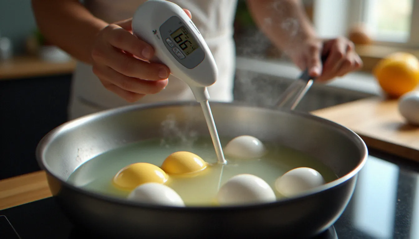 Cuisson de l'oeuf parfait à la maison dans une casserole d'eau à 64°C avec un thermomètre à sonde numérique