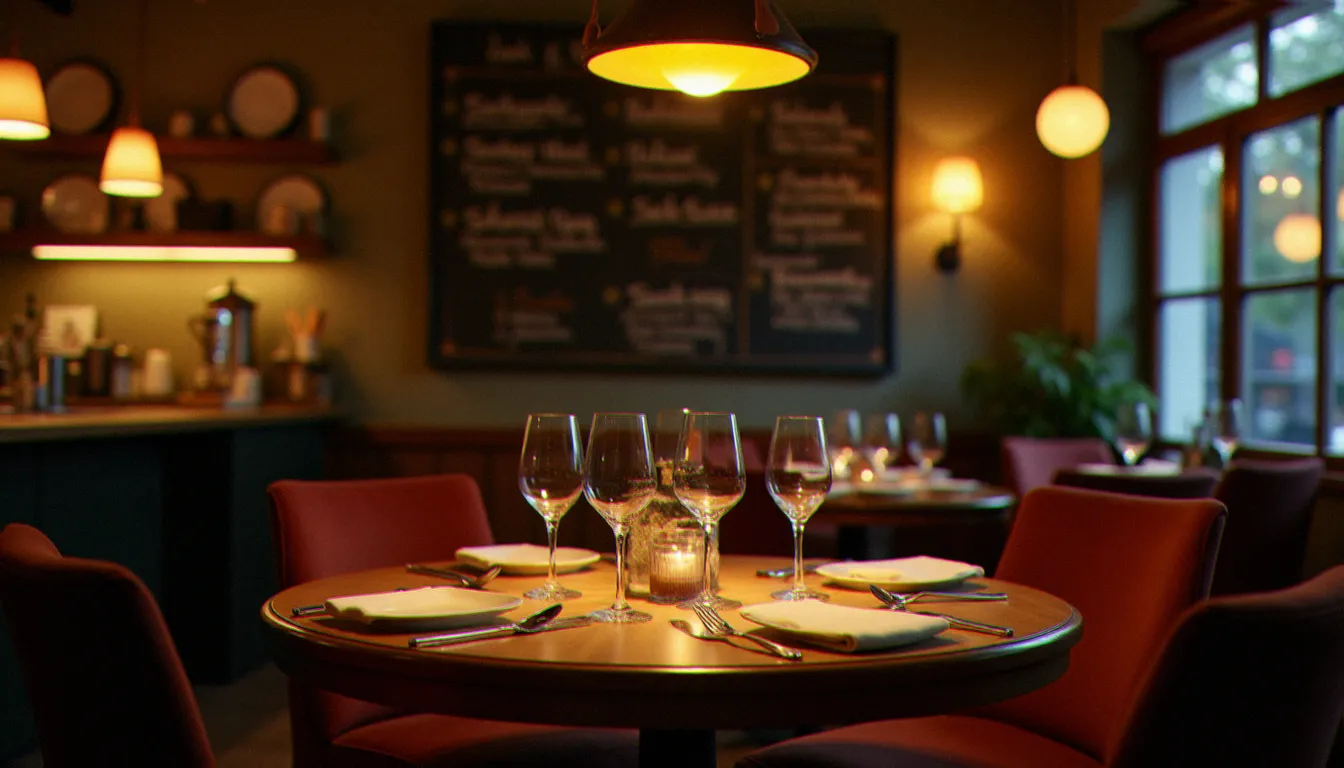 Salle de bistrot gastronomique chaleureux avec tables dressées et ardoise de menu saisonnier, ambiance conviviale et lumière tamisée