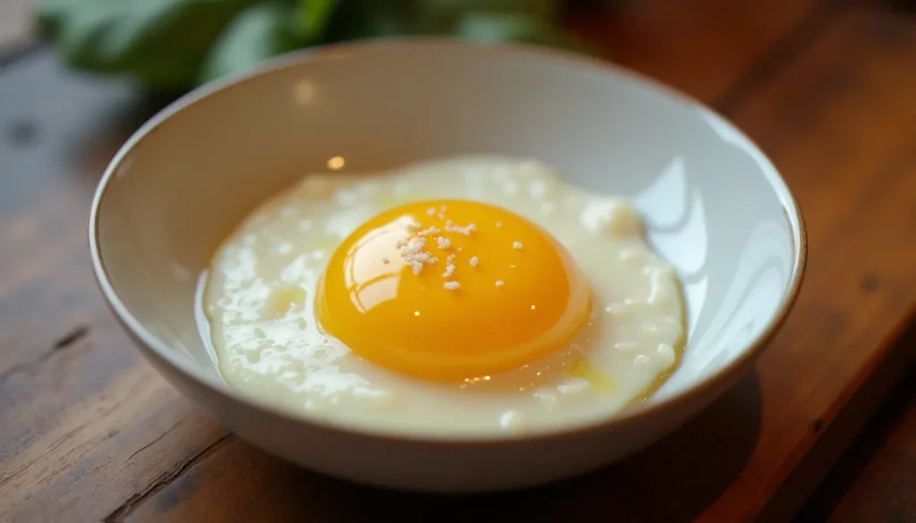Oeuf parfait servi dans un ramequin blanc sur une table de bistrot, blanc nacré et jaune coulant dorés, assaisonné de fleur de sel