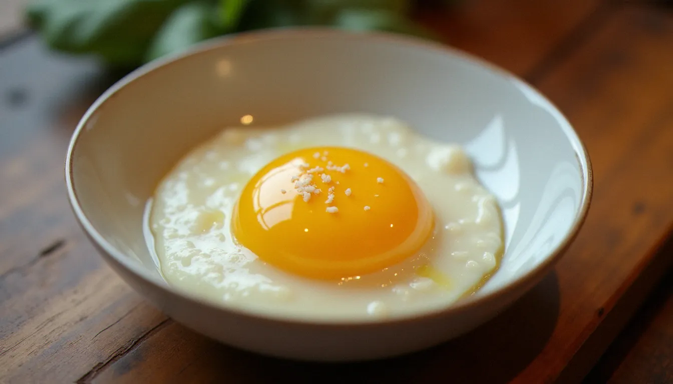 Oeuf parfait servi dans un ramequin blanc sur une table de bistrot, blanc nacré et jaune coulant dorés, assaisonné de fleur de sel
