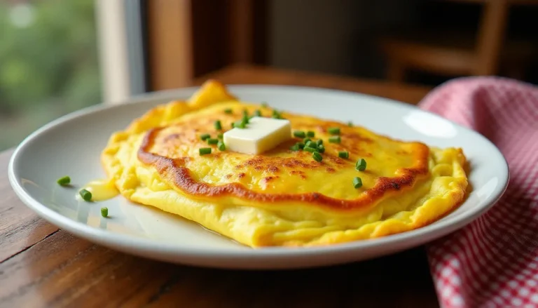 Une omelette baveuse parfaitement dorée et pliée sur une assiette de bistrot blanche, garnie de ciboulette fraîche et d'un filet de beurre fondu sur une table en bois