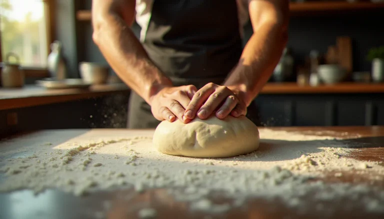 Mains d'un pizzaïolo étirant une pâte à pizza ronde à la main sur un plan de travail en bois fariné dans une cuisine de bistrot chaleureuse