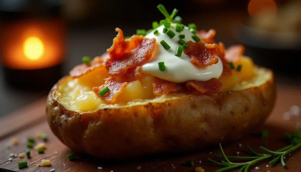 Une pomme de terre au four ouverte en deux, garnie de crème fraîche, lardons croustillants et ciboulette ciselée, posée sur une table en bois de bistrot