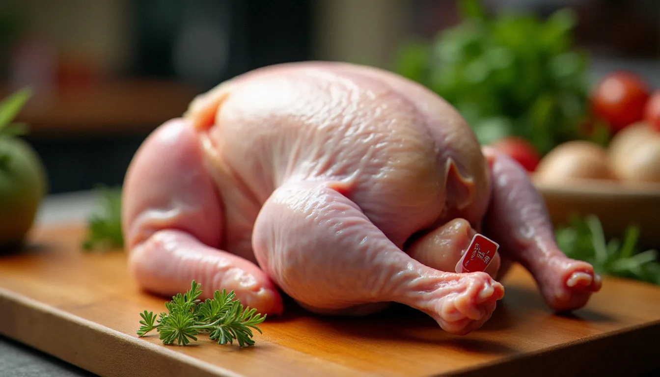 Poulet fermier Label Rouge cru sur une planche de boucher en bois, étiquette de qualité visible, avec des herbes fraîches au marché