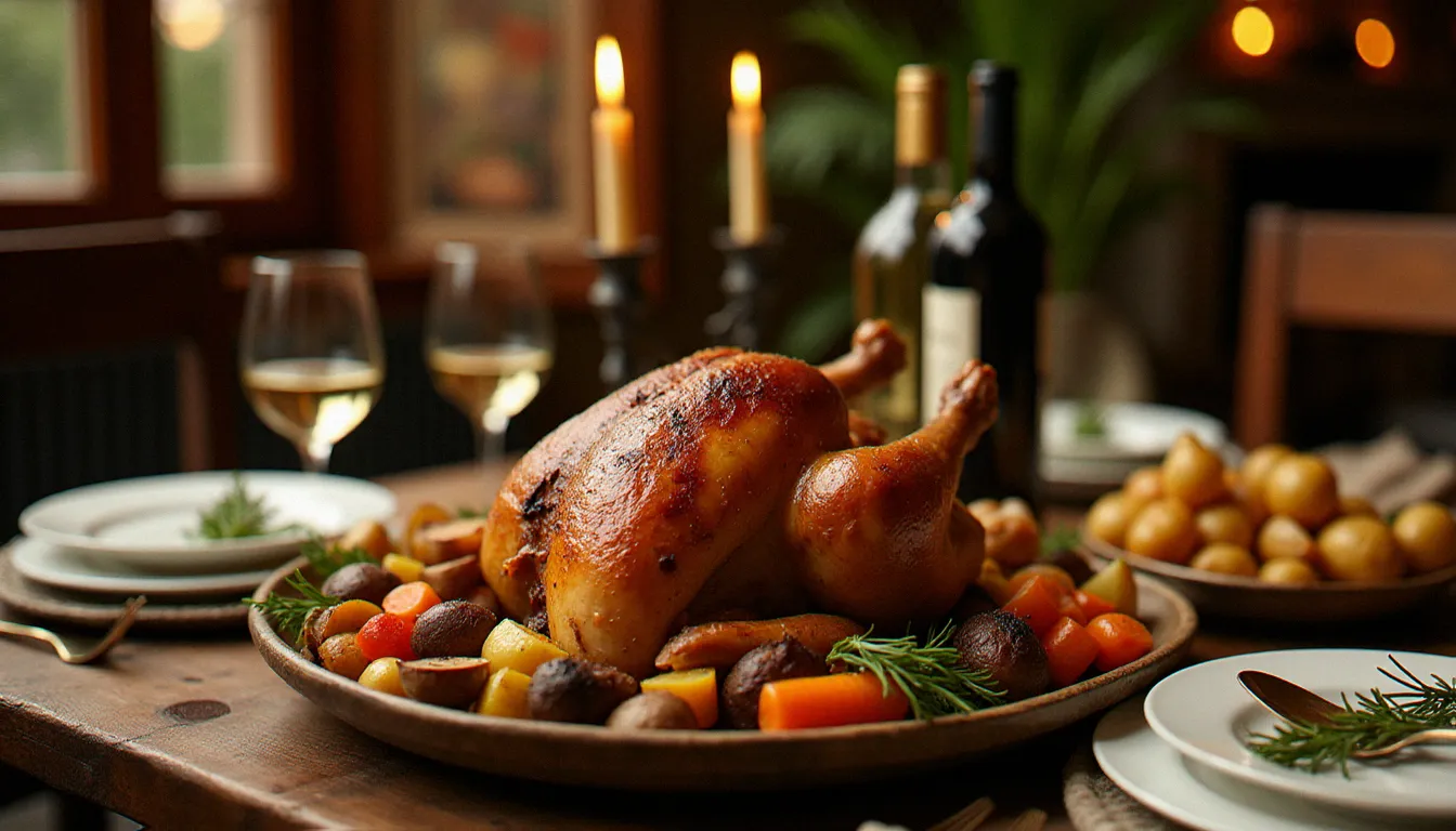 Table de bistrot français dressée pour un repas convivial avec un poulet rôti découpé sur un plat de service, légumes de saison rôtis et bouteille de vin blanc en soirée