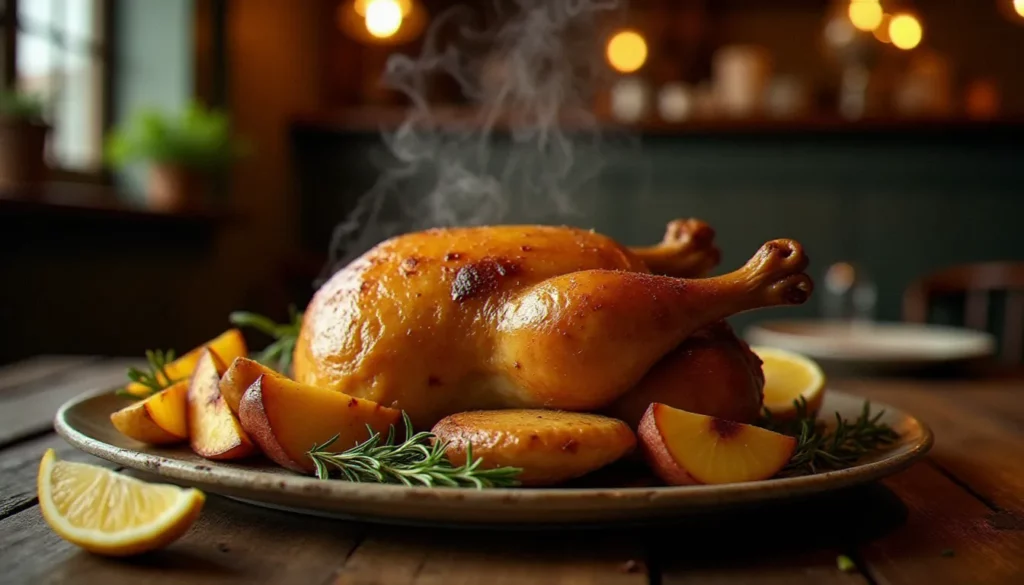 Poulet rôti entier et doré posé sur une table en bois rustique dans un bistrot français, entouré de pommes de terre rôties et de branches de thym frais