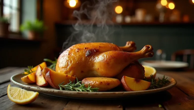 Poulet rôti entier et doré posé sur une table en bois rustique dans un bistrot français, entouré de pommes de terre rôties et de branches de thym frais
