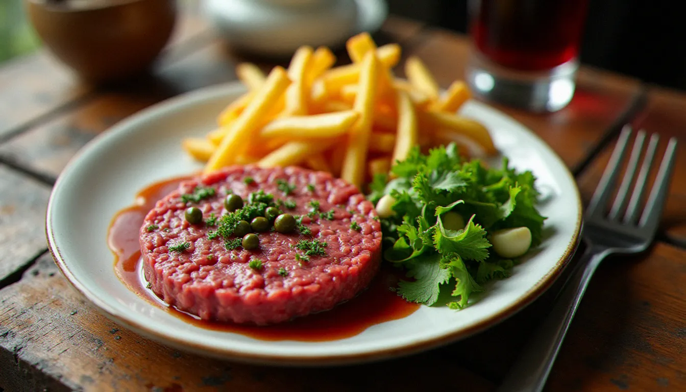 Assiette de tartare de bœuf haché minute accompagné de frites dorées sur table en bois de bistrot, représentant la qualité de la carte du Bistro André